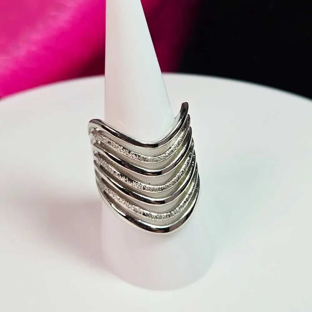 Sterling Silver Cascade Curl Wave Statement Ring – Wide Sculptural Layered Luxe